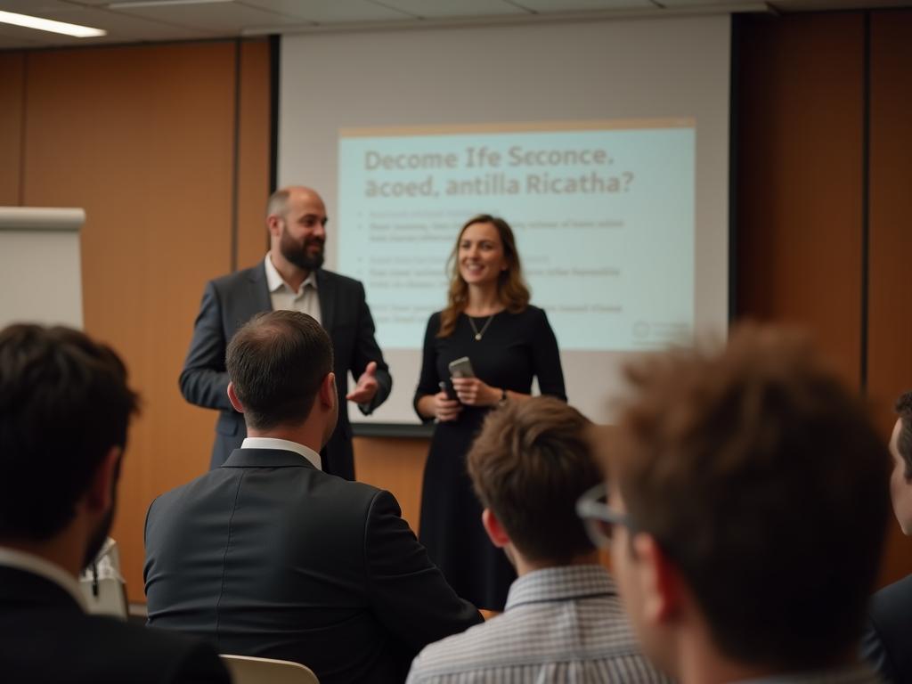 Noam Aviry presenting a workshop on fundraising, smiling and engaging with the audience.
