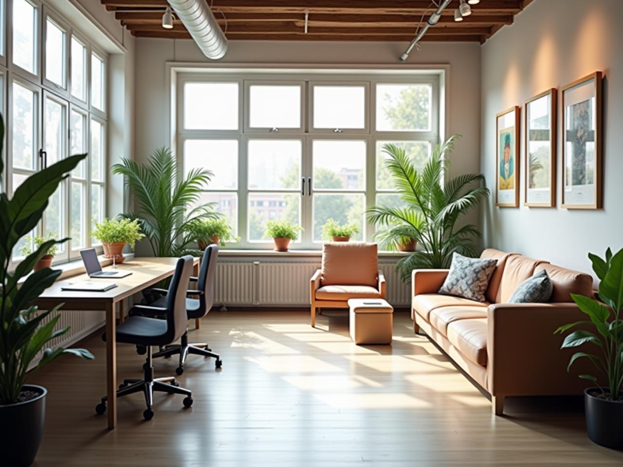 A brightly lit office space designed to promote collaboration and creativity, with a focus on natural light and comfortable furnishings. There are plants and art on the walls, suggesting a welcoming and inspiring atmosphere.