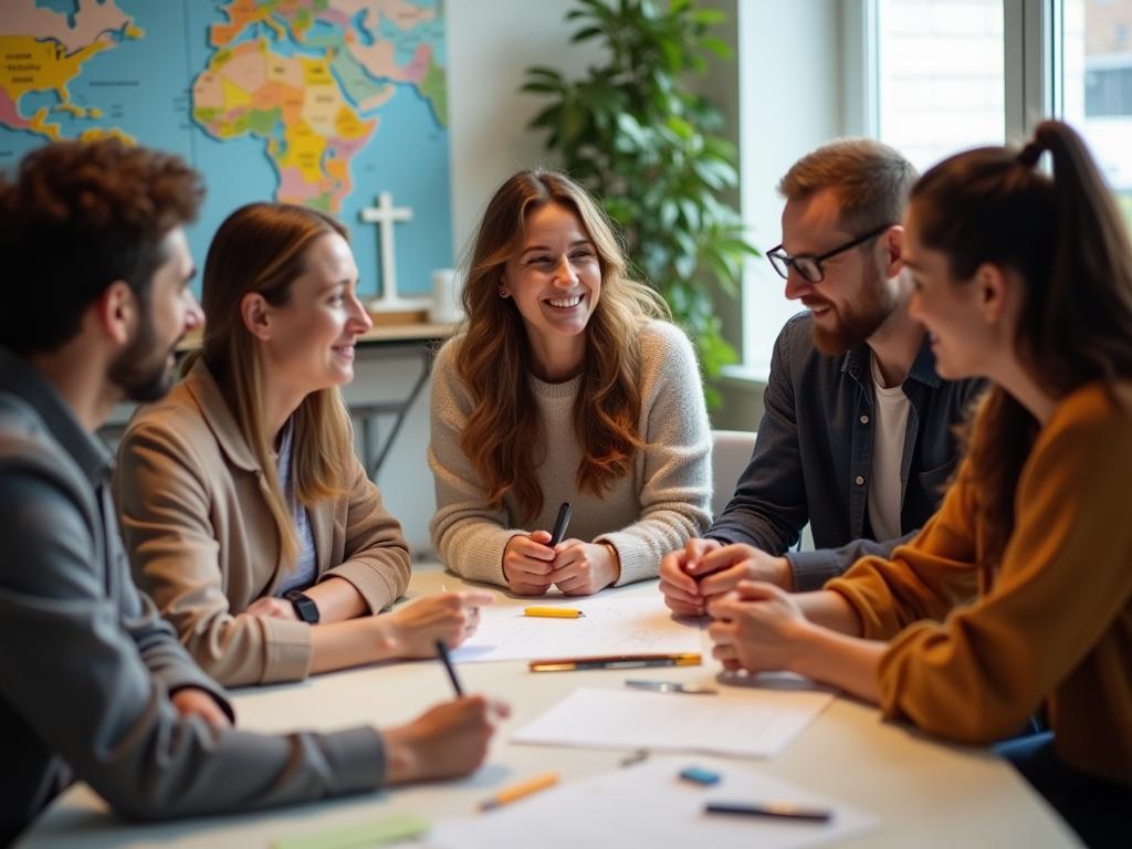 A group of people collaborating around a table, discussing fundraising strategies and organizational alignment.