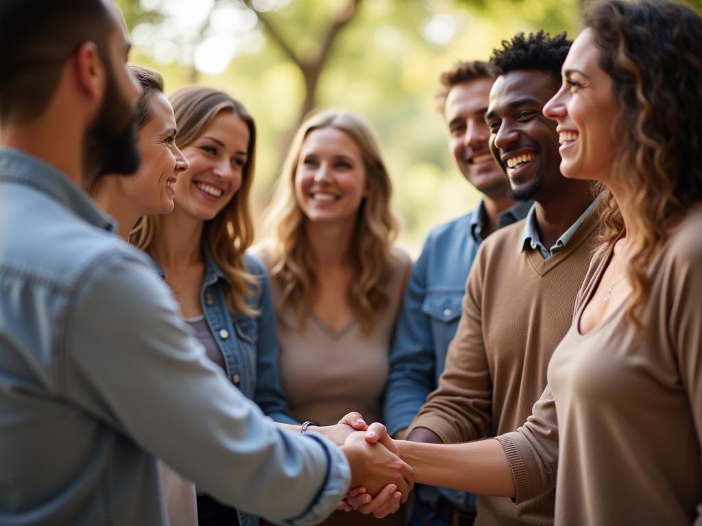 A group of diverse people smiling and shaking hands, symbolizing the long-term relationships in fundraising.