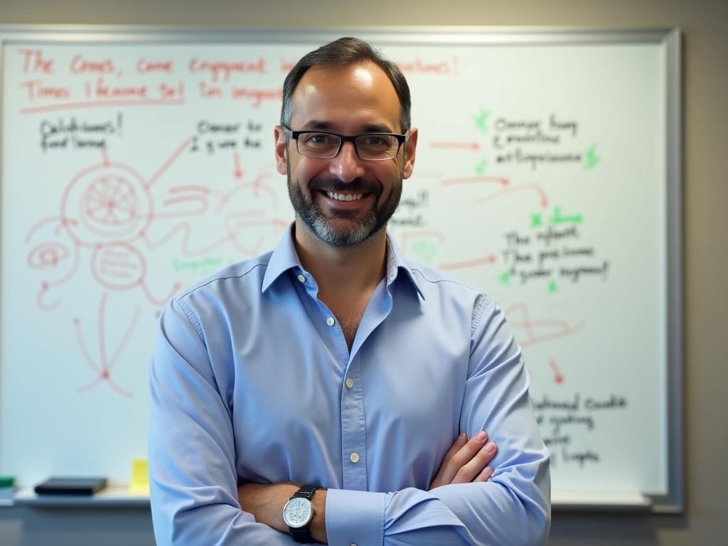 Noam Aviri, leading fundraising expert in Israel, standing in front of a whiteboard with diagrams and notes on donor experience and engagement.