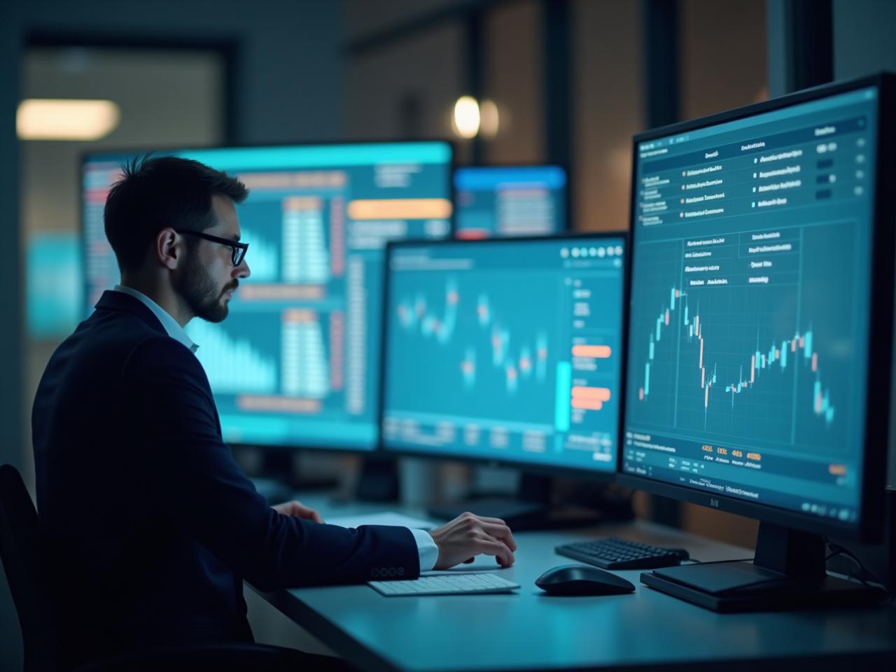 A fundraising professional analyzing data on a screen, planning a multi-channel communication strategy.