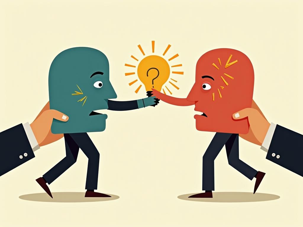 A visual representation of dialectical thinking in fundraising, possibly showing two opposing forces being balanced by a central, innovative solution.