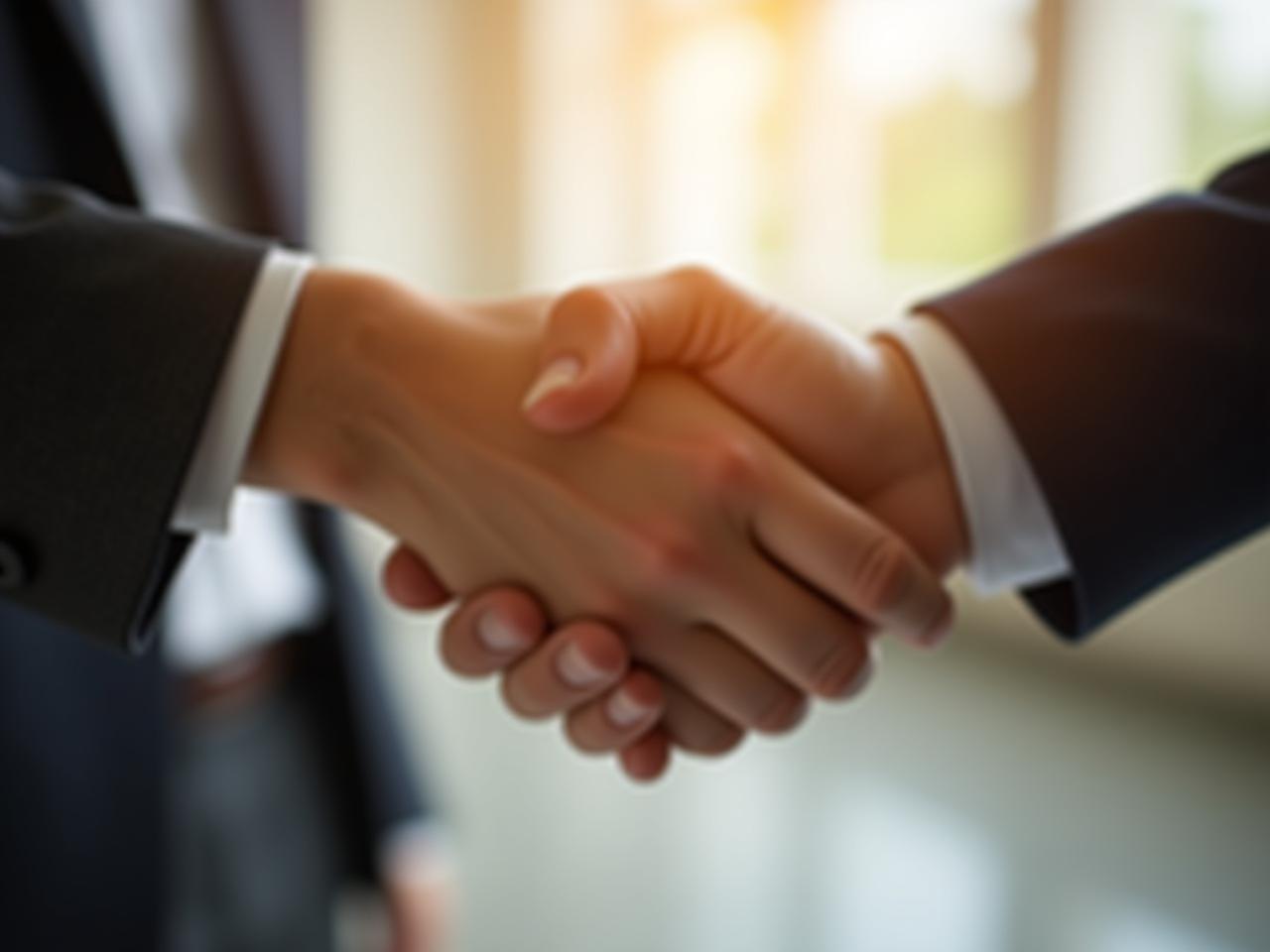A close-up shot of two hands shaking, symbolizing a partnership between a fundraiser and a donor. The background is blurred, suggesting a professional setting like an office or conference room. The lighting is warm and inviting, emphasizing trust and collaboration.