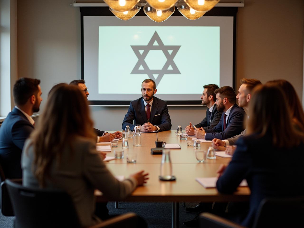 A group of people sitting around a table in a meeting, with one person leading the discussion. The atmosphere is collaborative and focused.