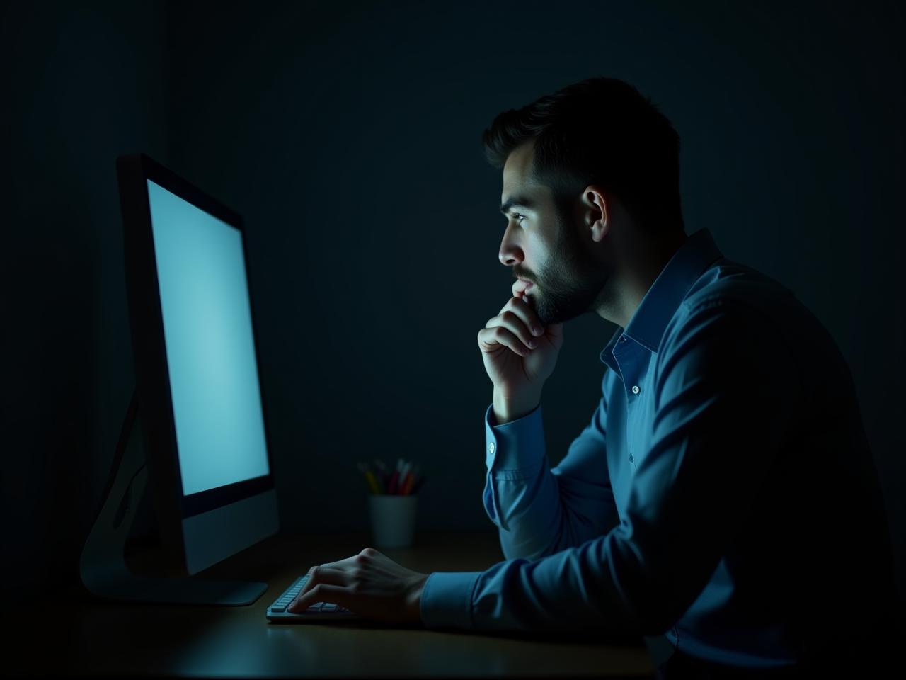 A thoughtful man sitting at his desk late at night, illuminated by the glow of his computer screen, deep in thought about donor values and strategies for fundraising.
