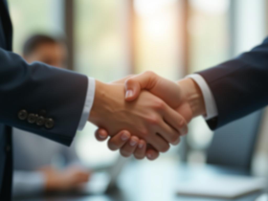 A close-up shot of two hands shaking, symbolizing a successful fundraising agreement, with a blurred background of a modern office setting.