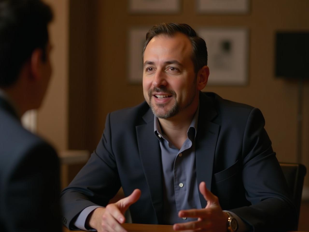 A warm, authentic photo of Noam Aviry, a fundraising expert, engaged in a genuine conversation, emphasizing the human connection in fundraising.