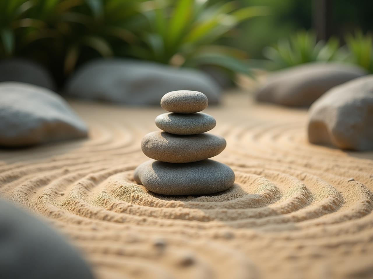 A zen garden with carefully placed rocks and raked sand, symbolizing the power of minimalism and focus in fundraising.