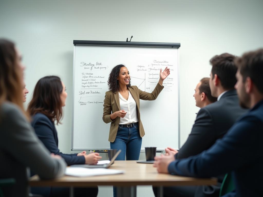 A person passionately presenting a strategy on a whiteboard, surrounded by a team.
