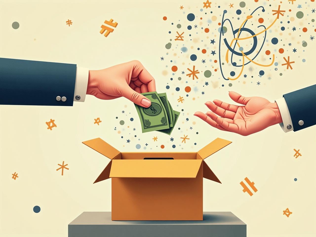 Abstract image combining elements of fundraising (e.g., a donation box, hands offering money) with quantum physics symbols (e.g., wave functions, entangled particles) to represent the articles theme.