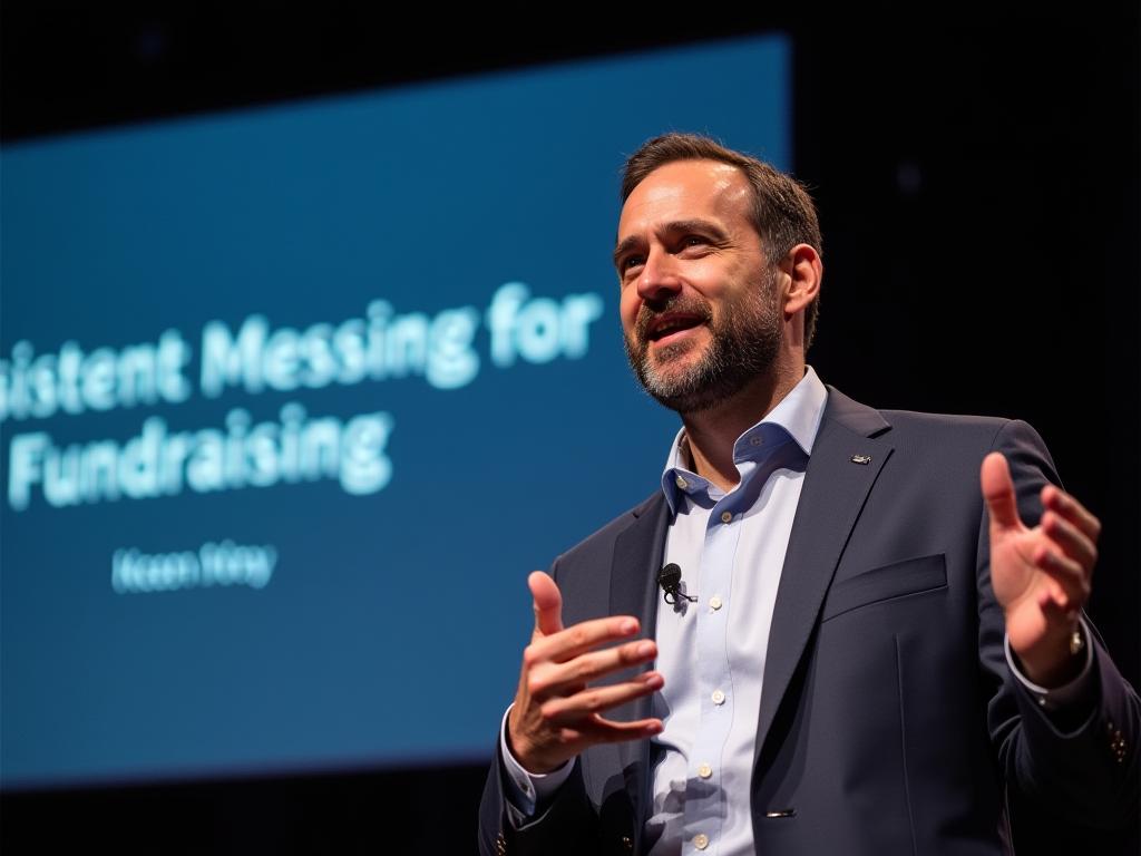 Noam Aviry speaking at conference, with text overlay Consistent Messaging for Fundraising