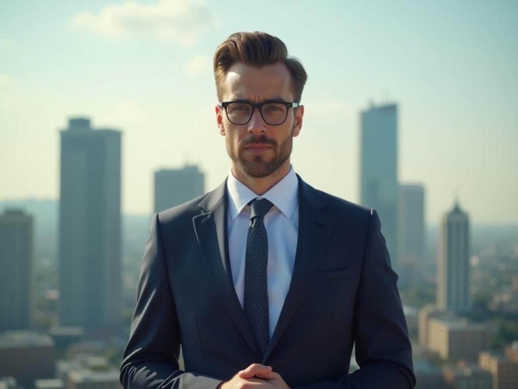 A person standing confidently in front of a cityscape, with a determined expression, symbolizing mental strength and preparedness for important meetings.