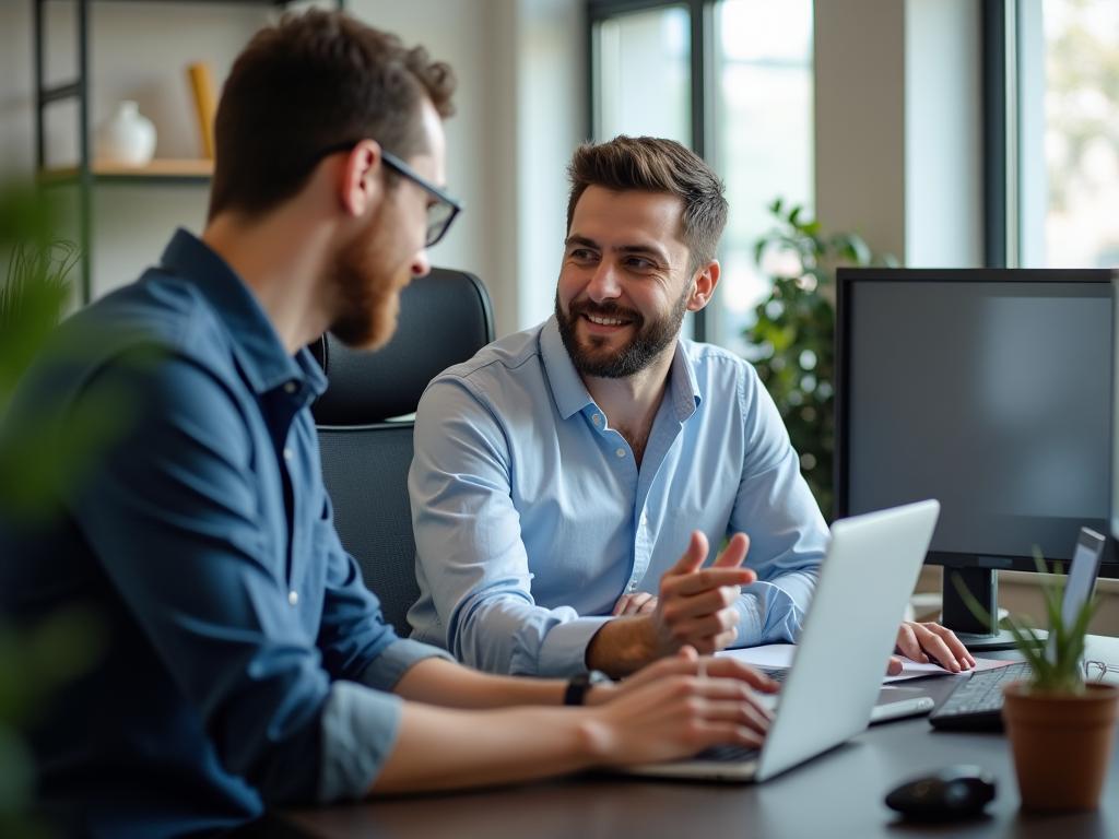 A photo of Noam Aviri, a fundraising expert, mentoring a young fundraiser while sitting in a modern office.