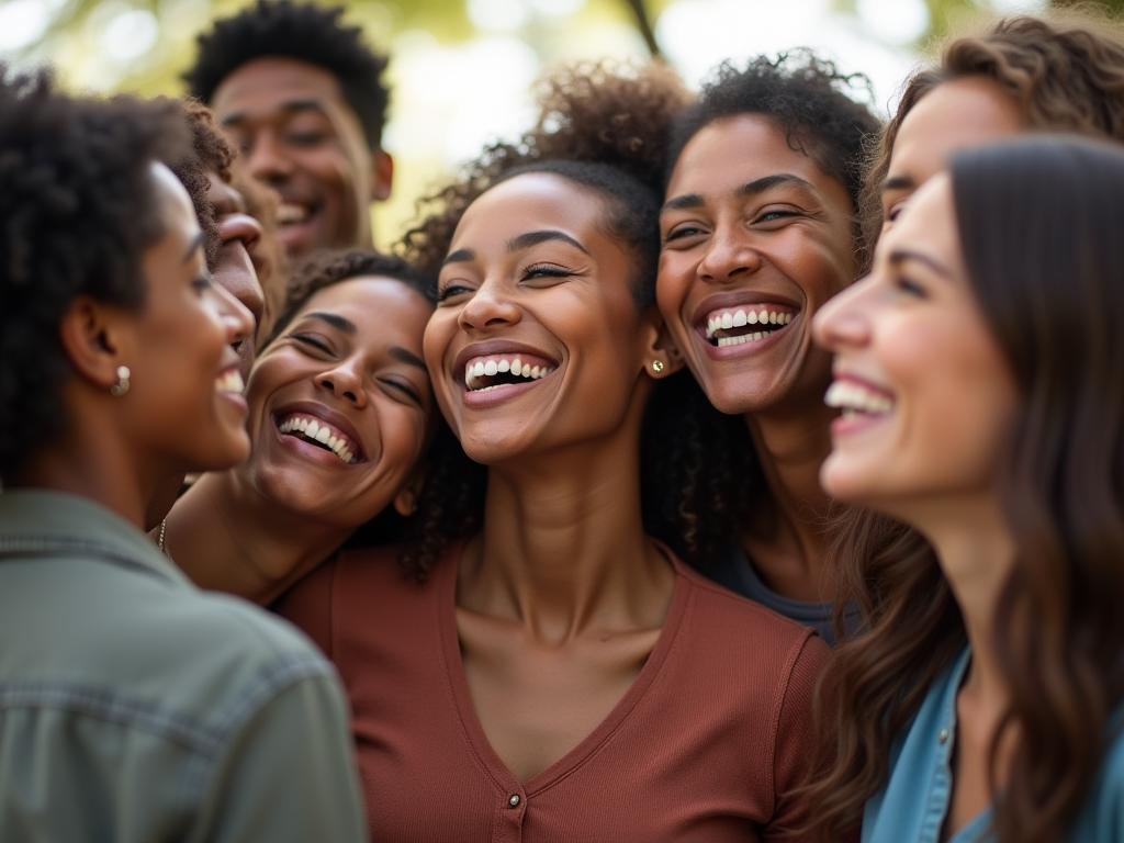 A diverse group of people smiling and connecting, symbolizing the powerful impact of giving and community involvement, with a focus on the individuals sense of purpose and fulfillment.
