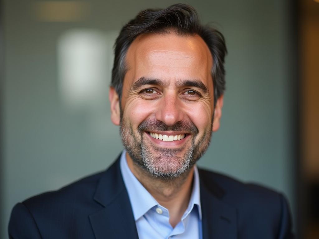 A professional and friendly looking photograph of Noam Aviri, smiling slightly. The background is blurred and professional.
