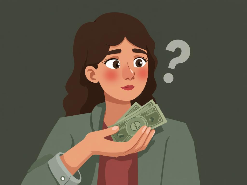 A person looking thoughtful with a giving hand and money in it.