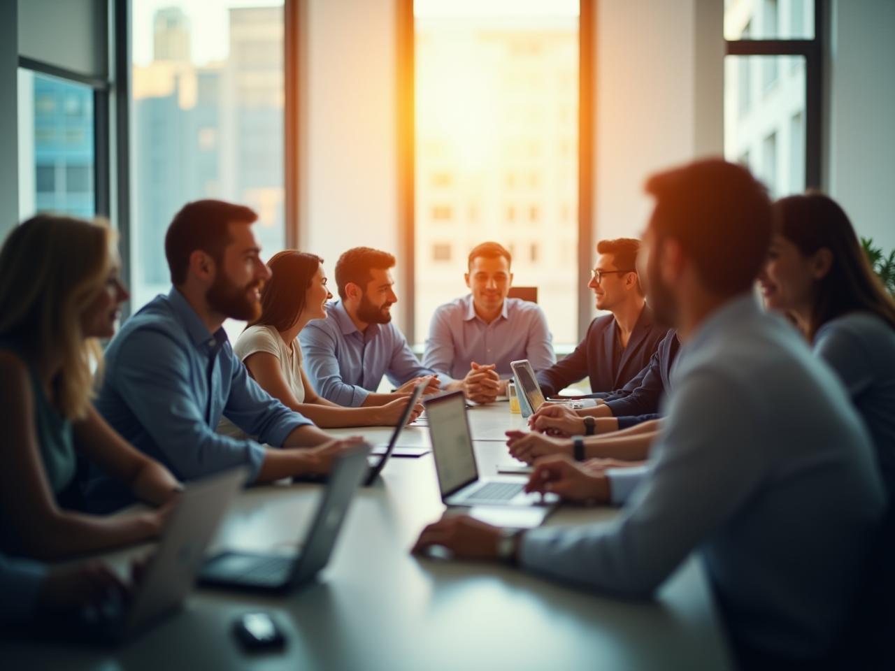 A team of people working collaboratively in a bright and positive environment, symbolizing a culture of excellence without overwhelming pressure.