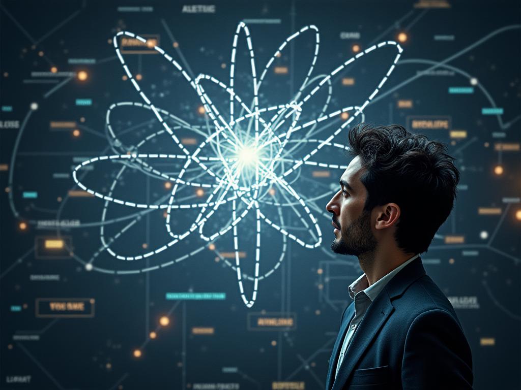 A person looking thoughtfully at a complex quantum physics diagram, symbolizing non-linear thinking in fundraising.
