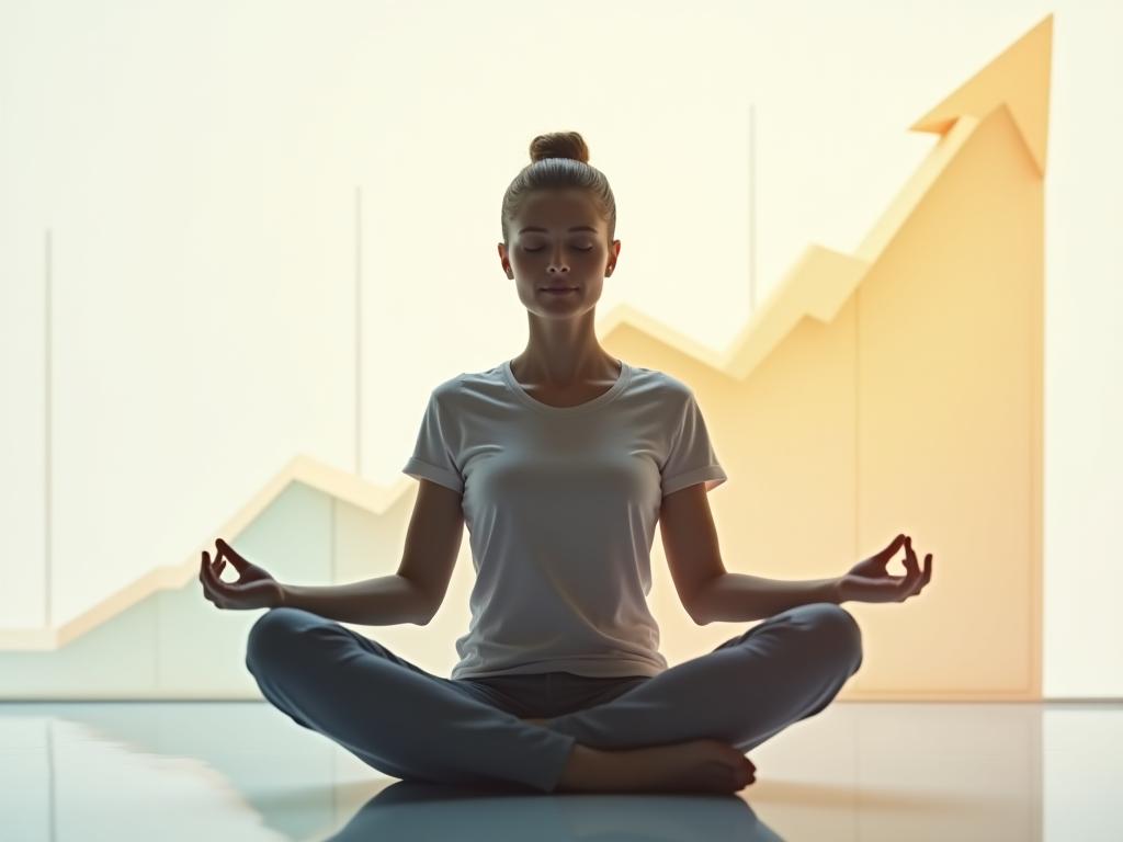 A person meditating with a fundraising graph in the background, representing the integration of mindfulness and fundraising success.