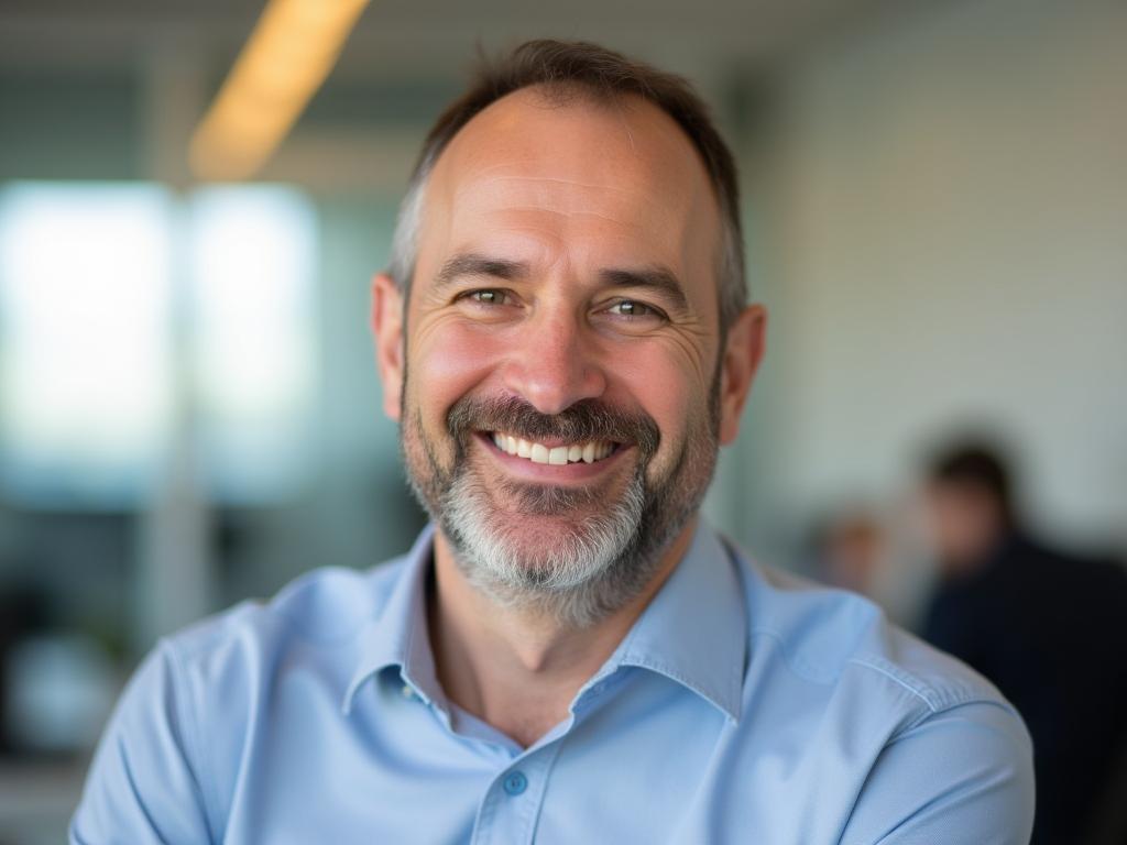 A photo of Noam Aviry, a fundraising expert, smiling and looking directly at the camera. The background is a blurred office setting.