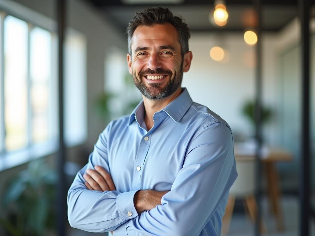 Noam Aviri, an Israeli fundraising expert, standing confidently and smiling warmly in a modern office environment, symbolizing expertise and approachable mentorship.