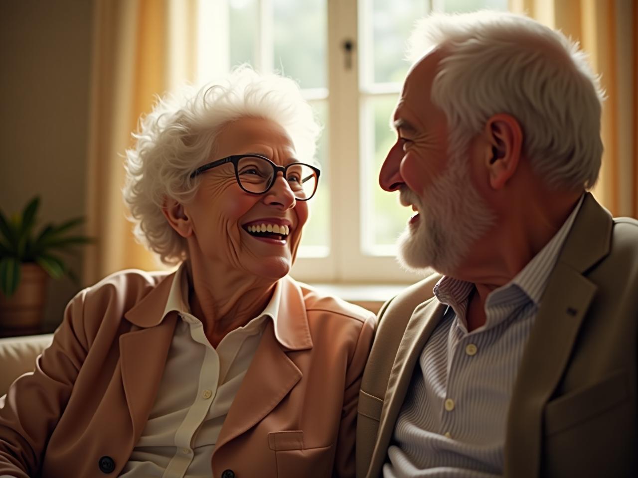 An elderly man and woman smiling warmly at each other during a conversation in a sunny room. The focus is on their genuine connection and shared joy. It represents the importance of personal connection in philanthropic relationships with older donors.