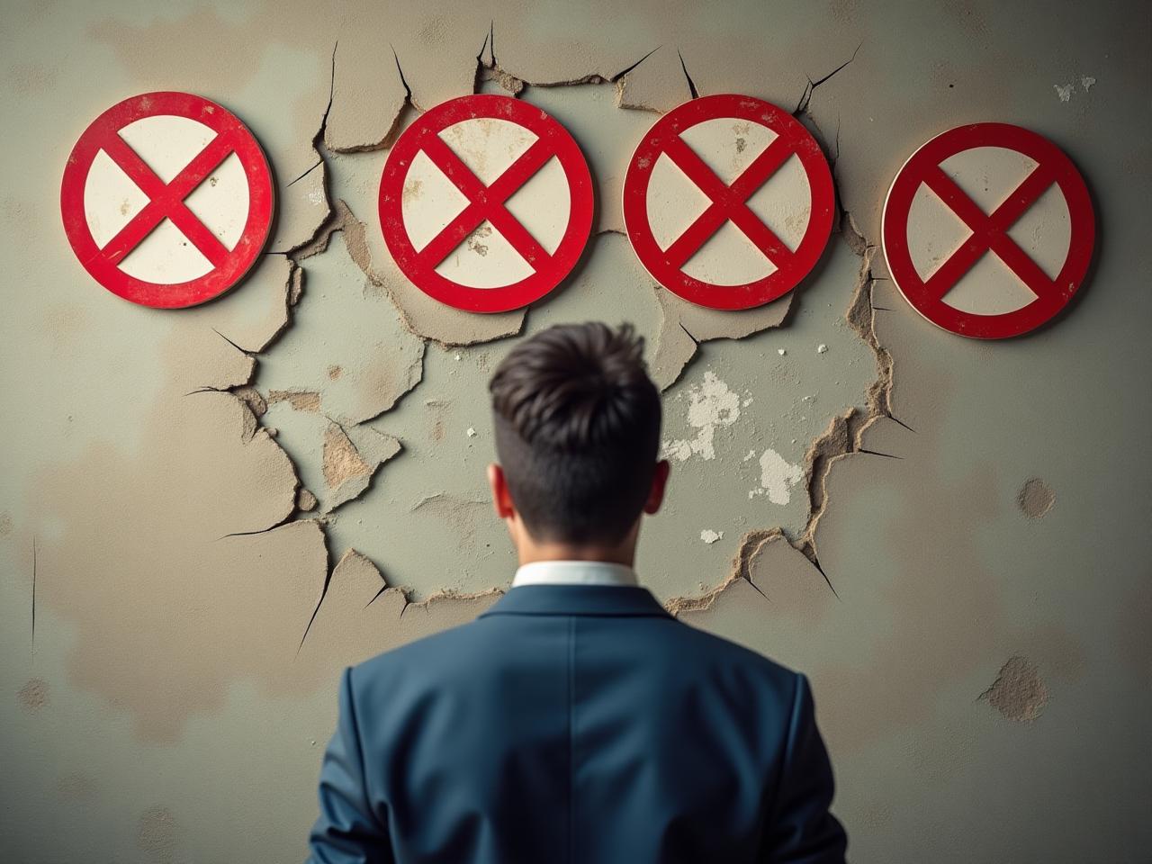 A person facing a wall with several NO signs, but with a determined expression, ready to break through the wall.