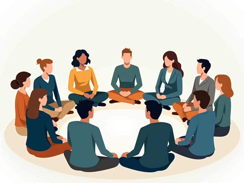 A group of people sitting in a circle, discussing and learning together, symbolizing continuous learning in the workplace.