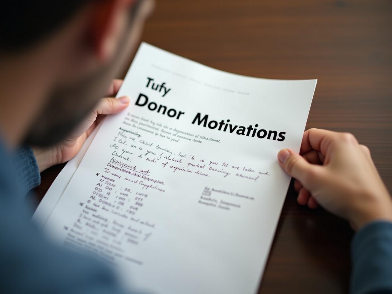 A person looking thoughtfully at a document filled with handwritten notes, symbolizing the analysis of donor motivations.