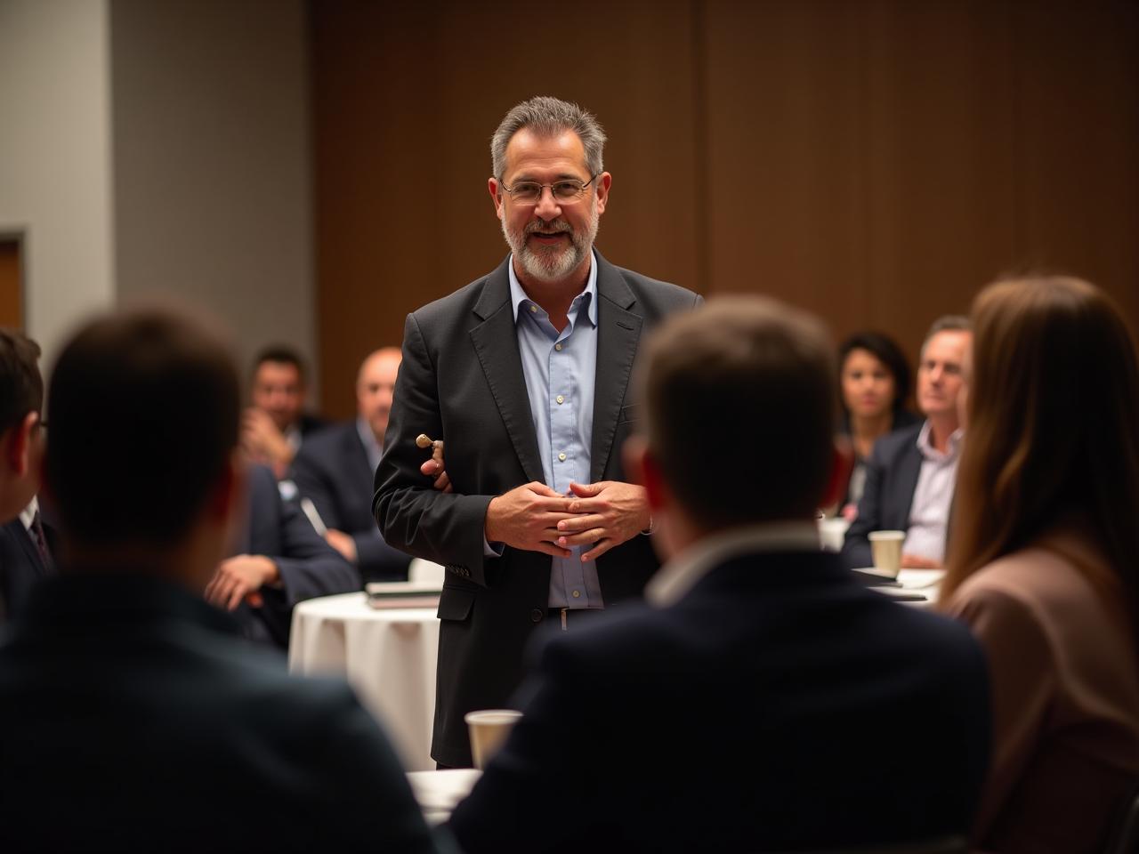 A photograph showing Noam Aviri speaking passionately at a fundraising event, surrounded by people listening attentively. The image conveys a sense of community, dedication, and purpose in the non-profit sector.