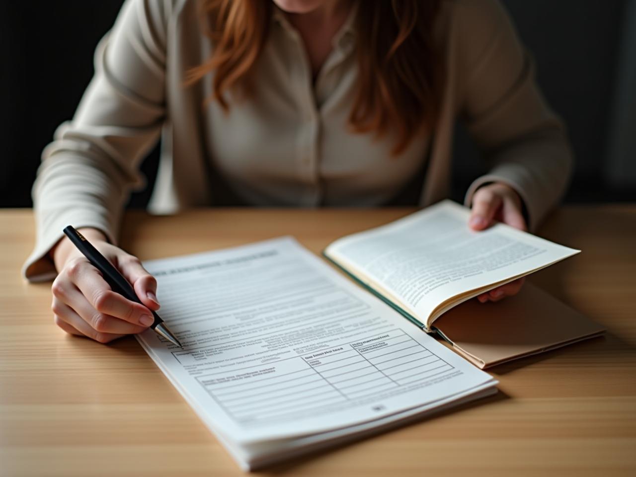 A person sitting at a desk with a book and a donation form, symbolizing the connection between literary analysis and fundraising.