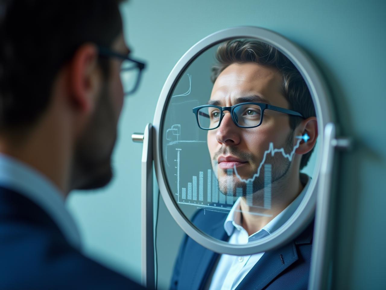 A person looking at a mirror, with successful fundraising graphs reflected in the mirror. The image represents the technique of mirroring successes in fundraising.
