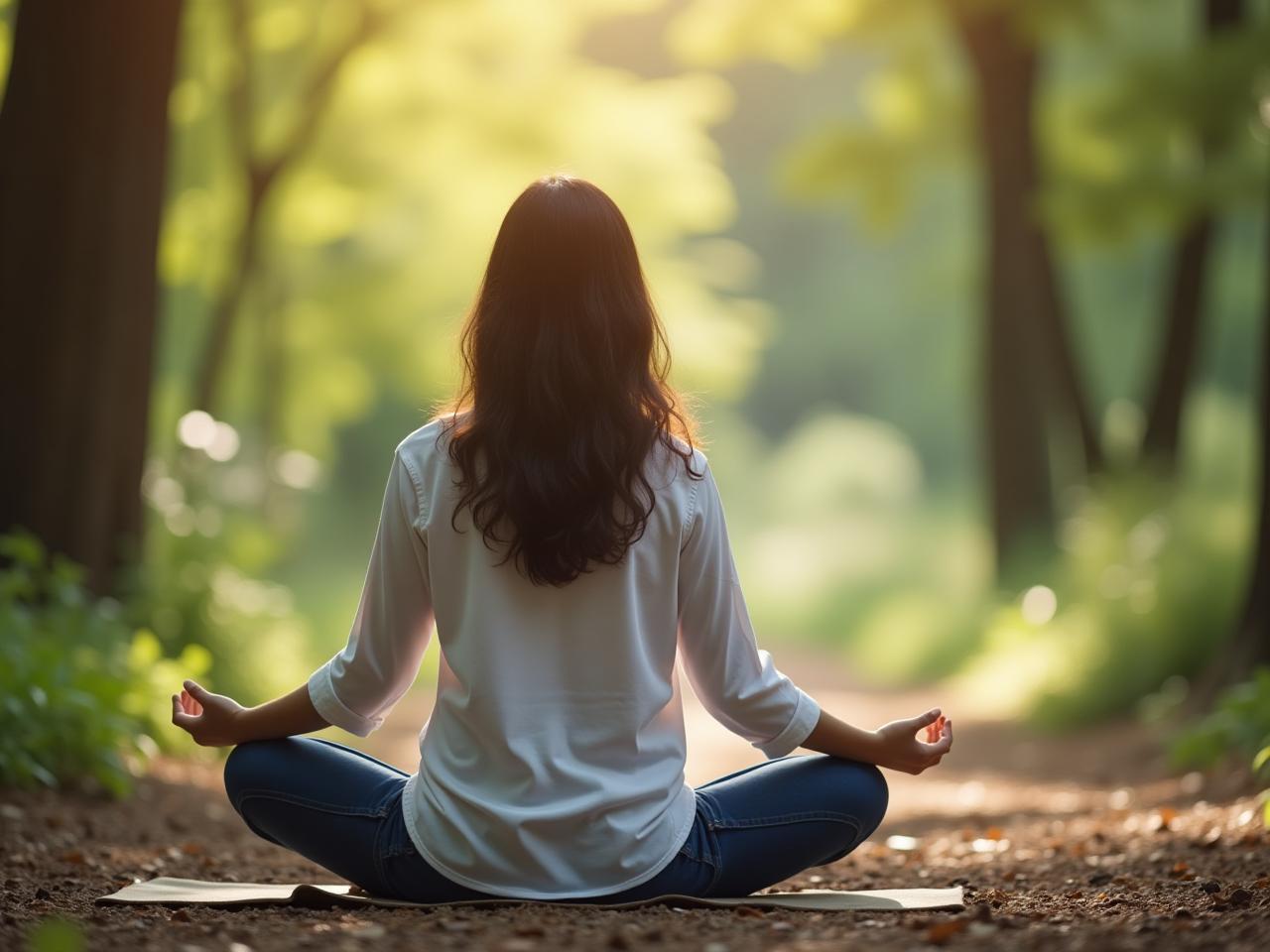 A person meditating in a peaceful environment, symbolizing stress relief and mindfulness.