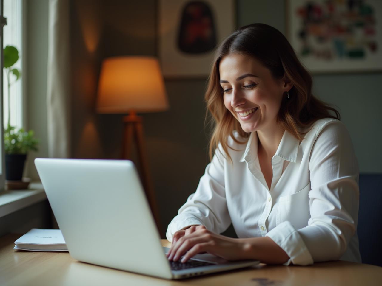 A person donating money online using a laptop, with a feeling of satisfaction and meaning in their eyes.