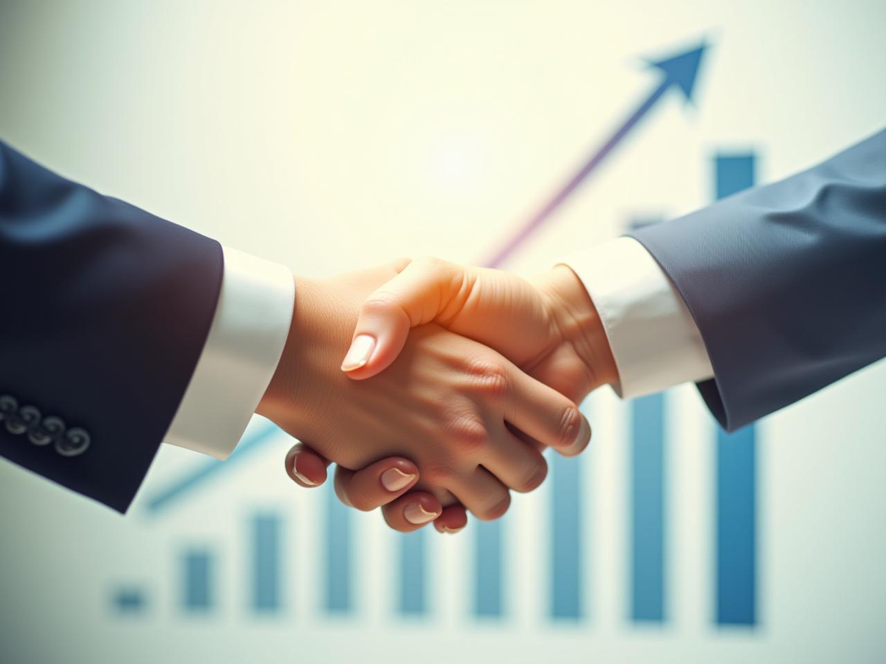 Two hands shaking, symbolizing a successful merger between two non-profit organizations, leading to increased fundraising capabilities. The background shows a graph indicating growth and success.