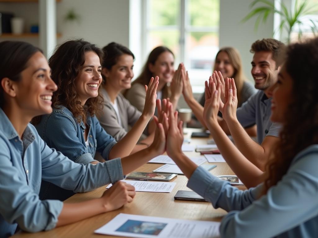 A diverse team of fundraisers celebrating a successful campaign with smiles and high-fives, surrounded by fundraising materials.