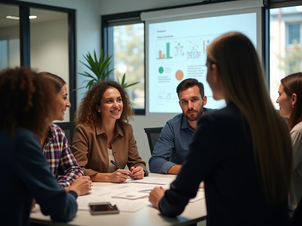 A group of people collaborating on a fundraising strategy in a modern office setting.