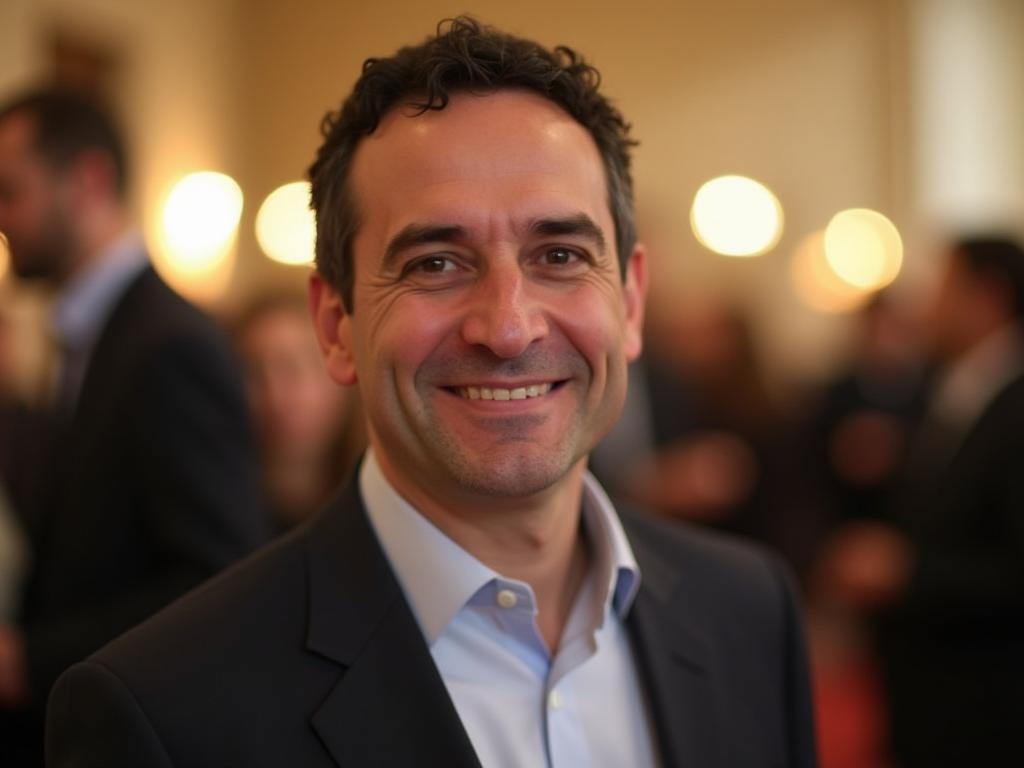 A warm and friendly picture of Noam Aviri, smiling gently, with a blurred background of a fundraising event.