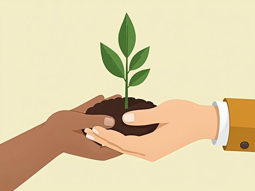 A hand giving a plant to another hand, symbolizing the act of giving before asking in fundraising.