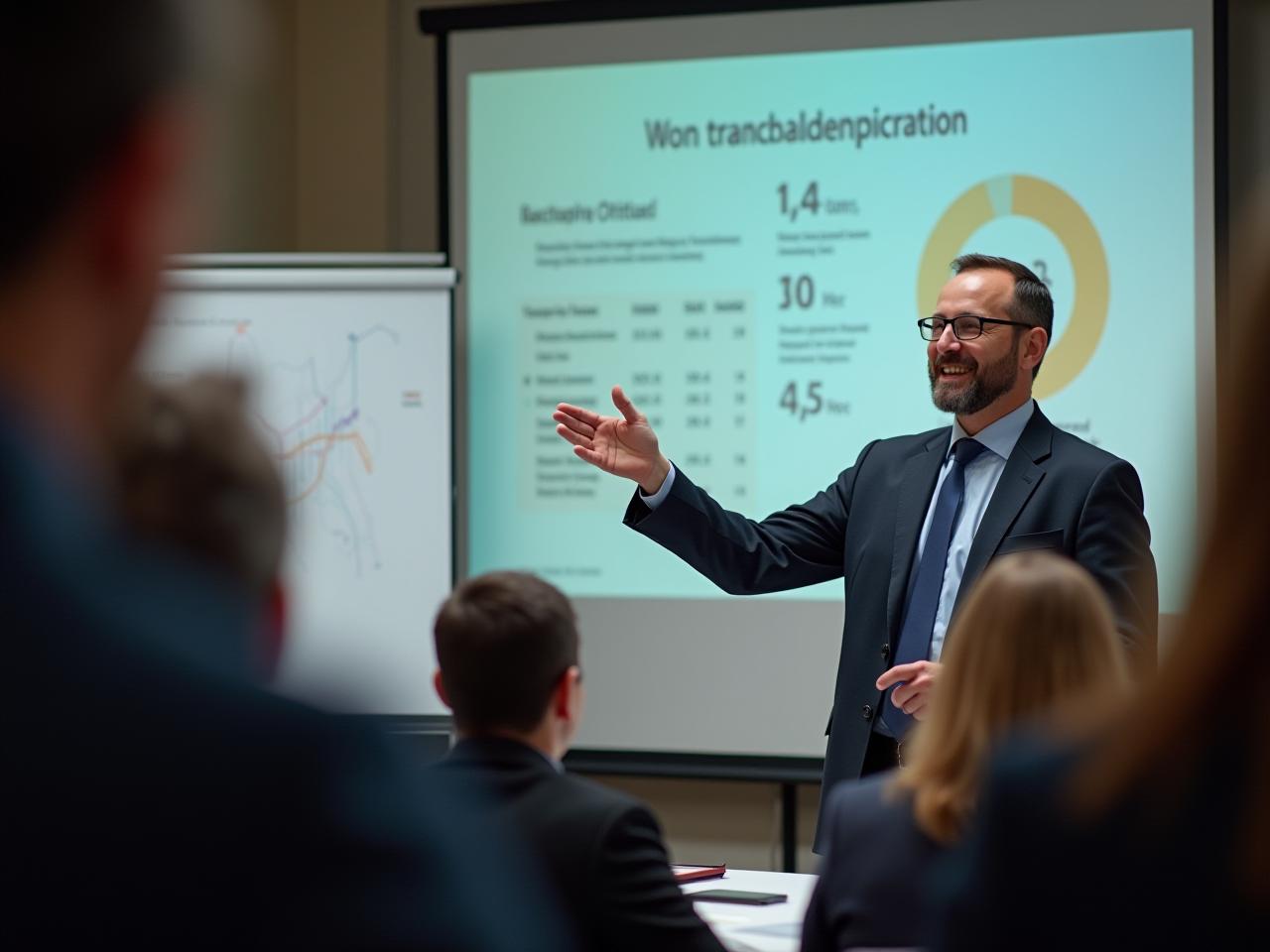 A fundraising expert presenting financial data in a human-centered way, engaging with potential donors.