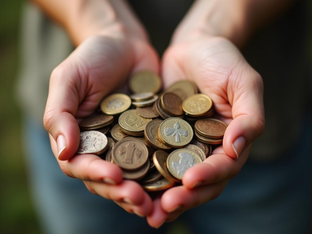 Hands holding a pile of small coins, symbolizing micro-donations and philanthropy.