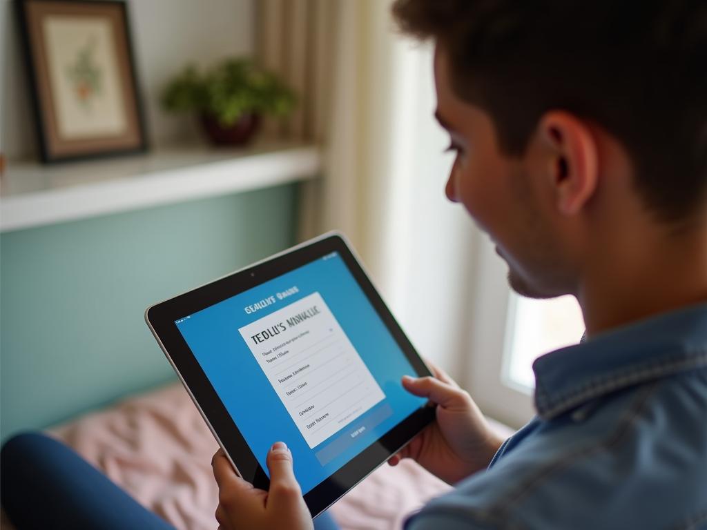 A person looking at a personalized donation form on a tablet, with a smile on their face.