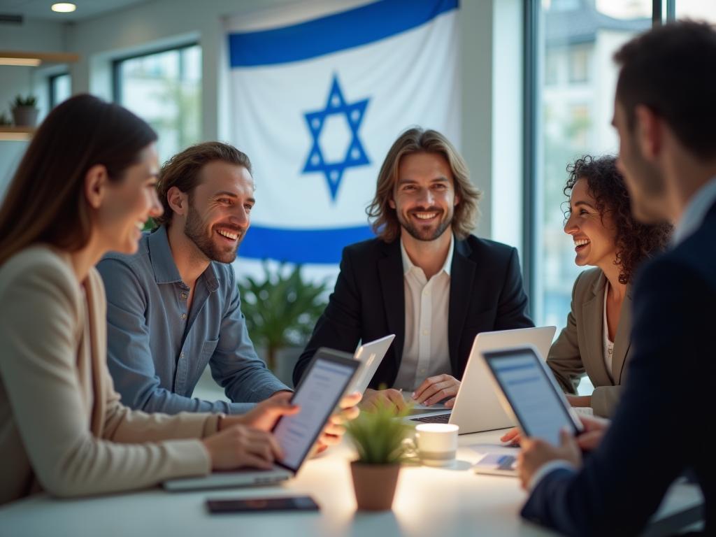 A diverse team of people working together in a modern office, smiling and engaged. The Israeli flag is subtly visible in the background.
