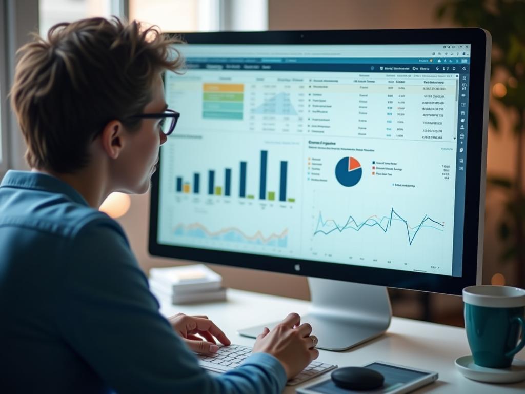 A fundraising professional analyzing data on a computer screen, with charts and graphs showing donor trends and engagement levels.