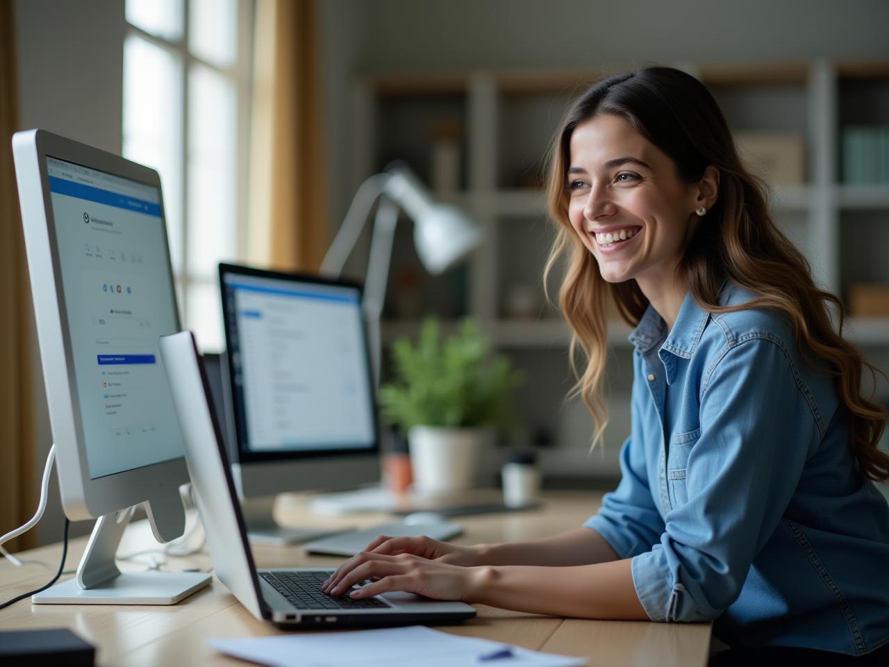 A person smiling and using a computer, representing successful asynchronous fundraising.