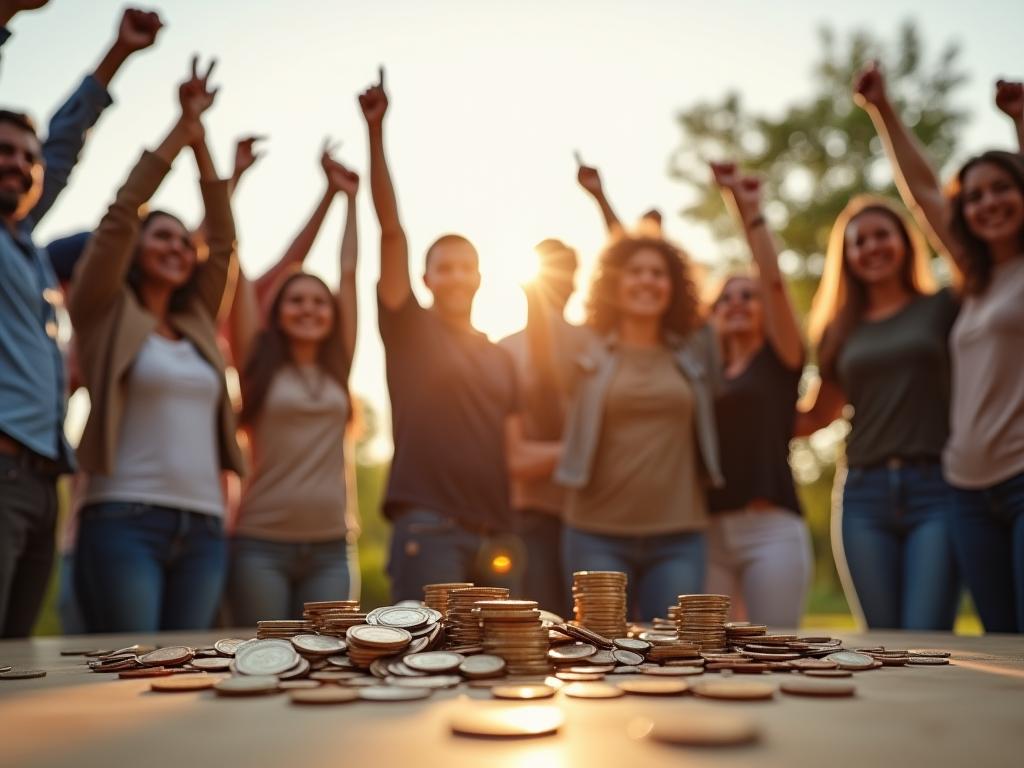 A group of diverse people celebrating a fundraising success, with coins and money scattered around them, symbolizing small donations adding up to a significant amount.