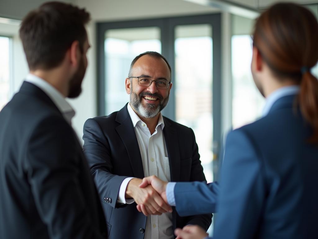 A photo of Noam Aviri, a fundraising expert, smiling confidently and shaking hands with a potential donor in a modern office setting.