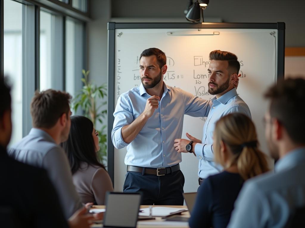 Noam Aviri, an expert in fundraising, mentoring a team in a modern office, brainstorming and writing on a whiteboard.