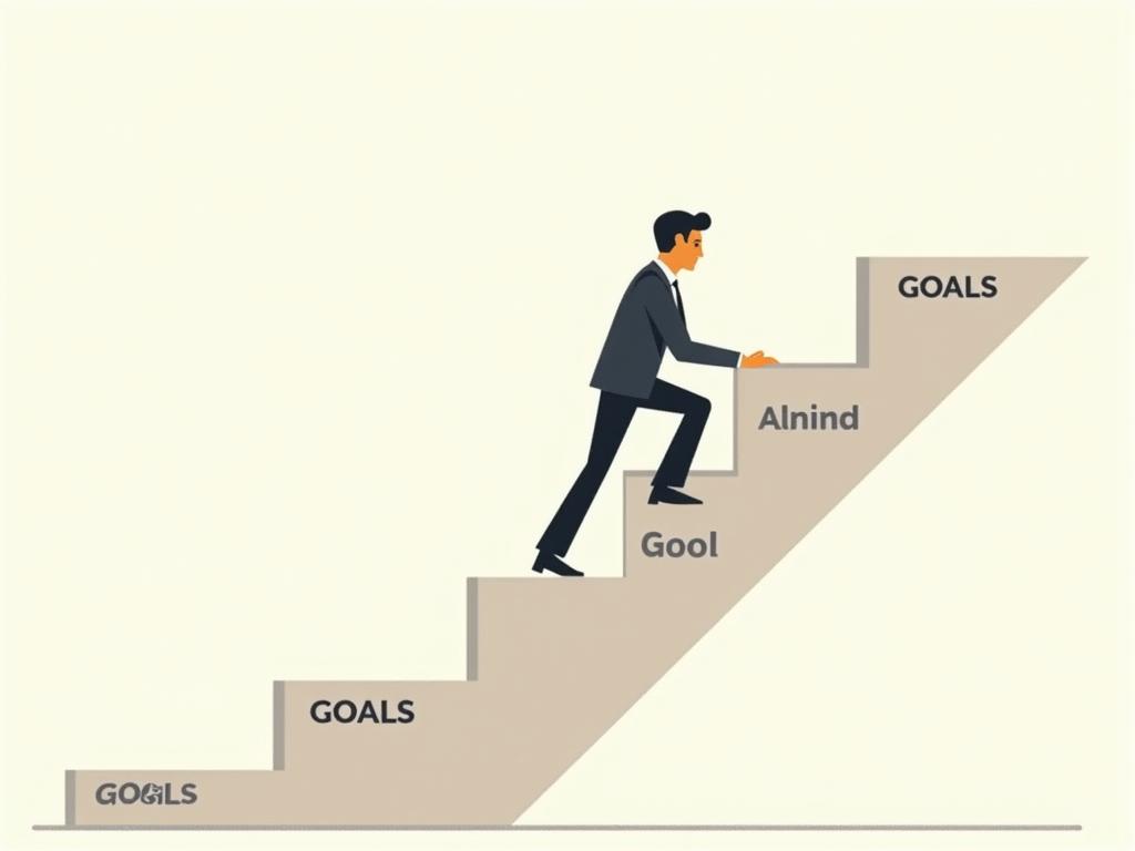 A person climbing a dynamic ladder with goals listed on each step, symbolizing the method for setting challenging yet realistic goals in fundraising.